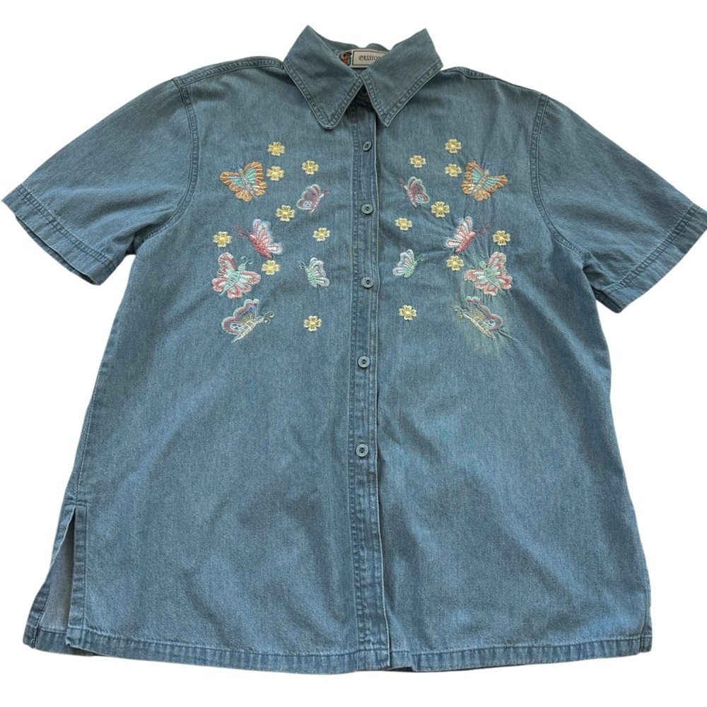 Passion-1 Womens Denim Shirt Size L‎ Embroidered Flowers Chambray Short Sleeve